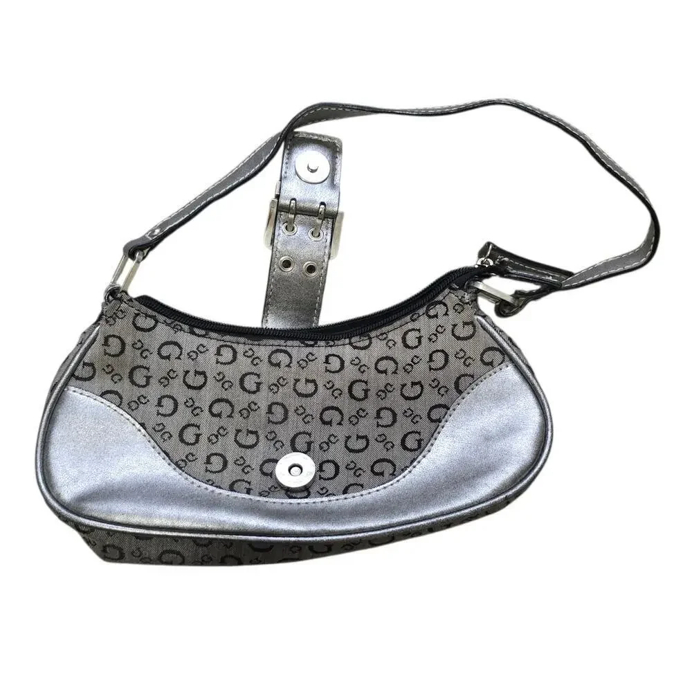 Y2K GUESS Mini Shoulder Bag Grey Monogram Buckle Detail Vintage 2000s McBling